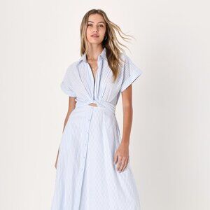 Lulus Adorable Impression White And Blue Midi Dress With Pockets - Size XS